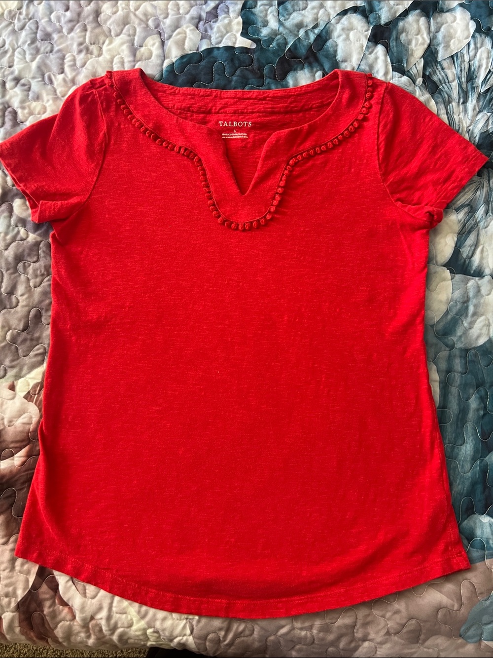 Talbots Bright Red Short Sleeve Notch-Neck Tee with Trim